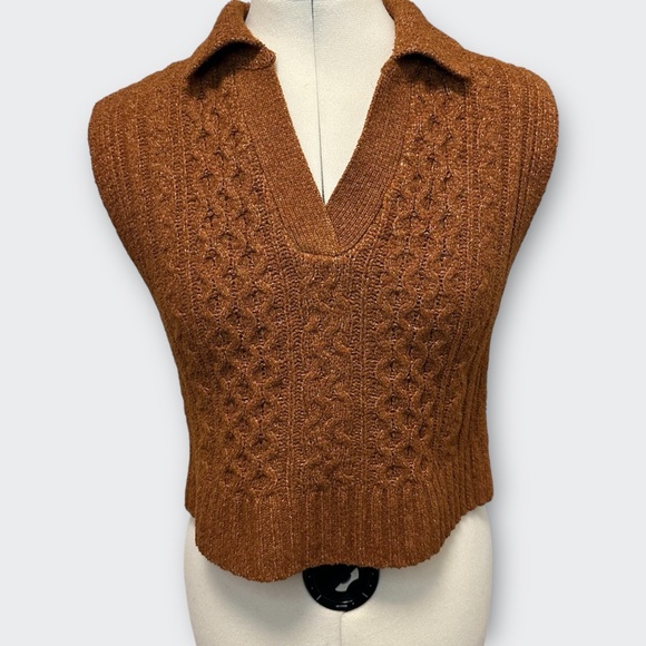 PINK ROSE Brown Cable Knit Sweater Vest M Collared V-Neck Cropped Preppy Y2K - Picture 2 of 7